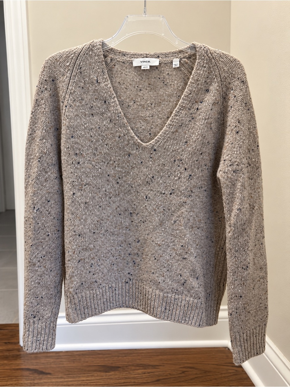 Vince Speckled V-Neck Knit Sweater Gray Beige XS